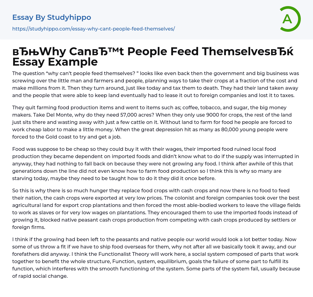 “Why Can’t People Feed Themselves” Essay Example