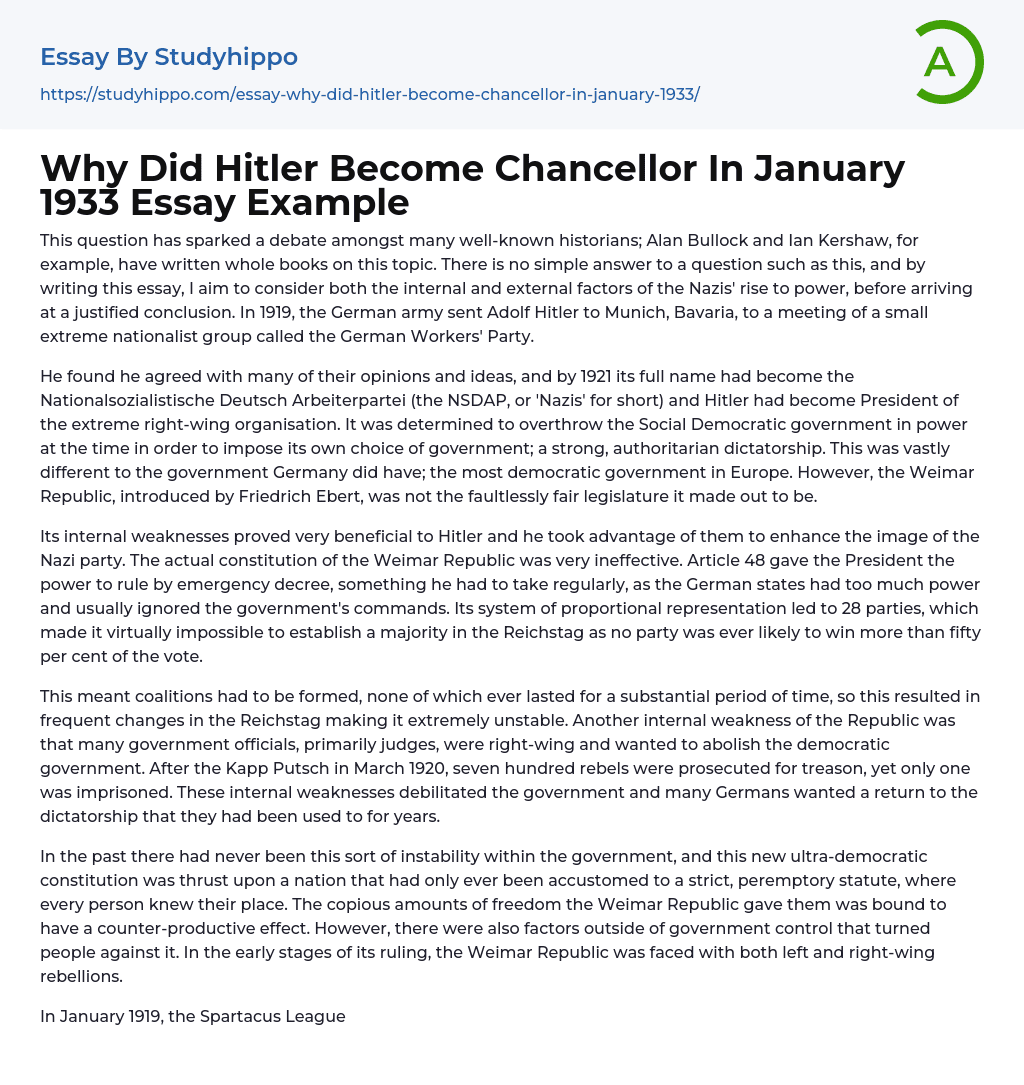 Why Did Hitler Become Chancellor In January 1933 Essay Example