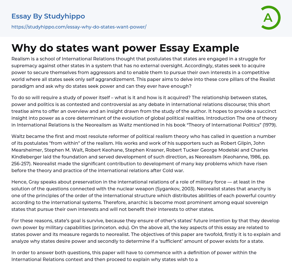 Why do states want power Essay Example
