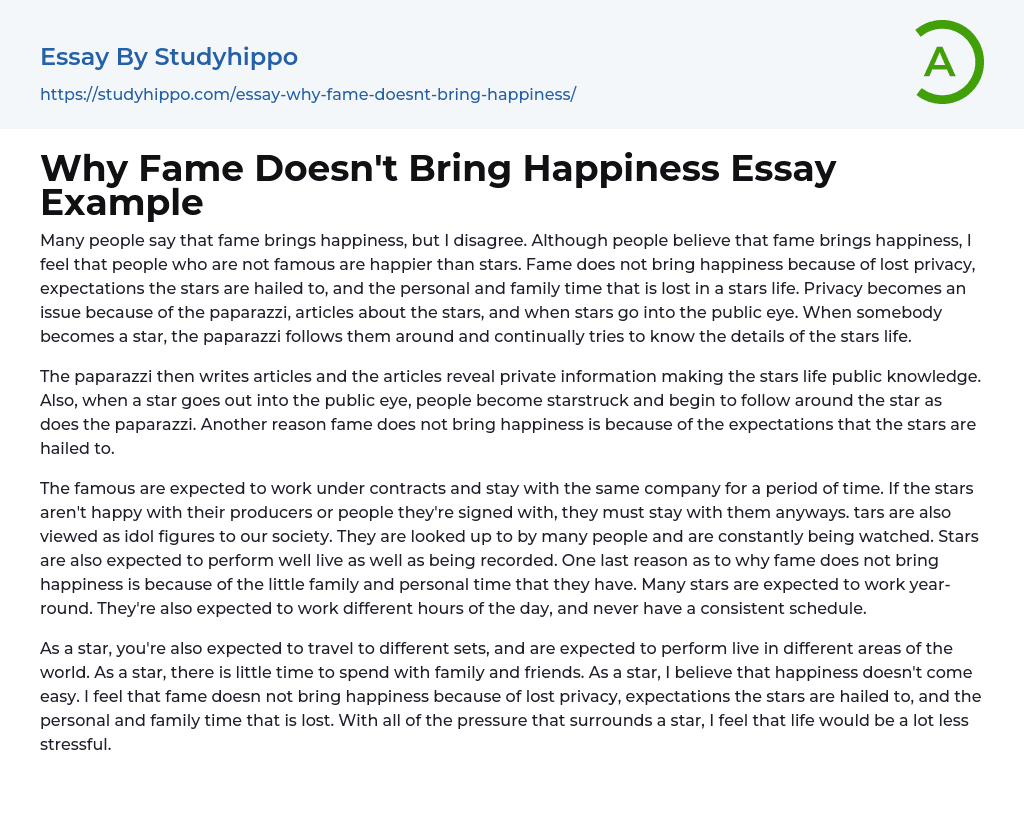Why Fame Doesn’t Bring Happiness Essay Example