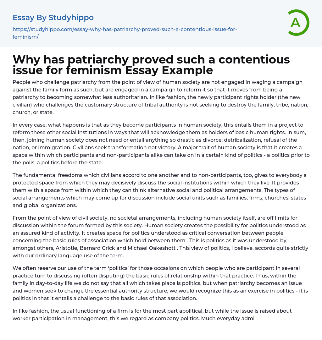 Why has patriarchy proved such a contentious issue for feminism Essay Example