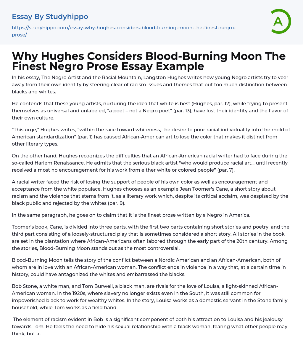 Why Hughes Considers Blood-Burning Moon The Finest Negro Prose Essay Example