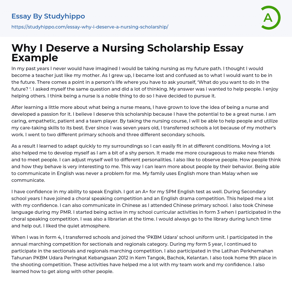 Why I Deserve A Nursing Scholarship Essay Example StudyHippo