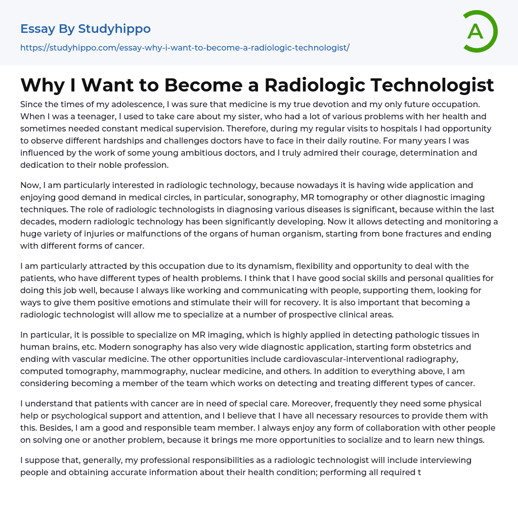 Why I Want to Become a Radiologic Technologist Essay Example