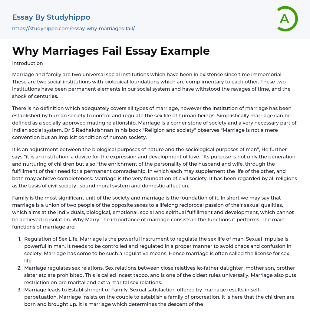 Why Marriages Fail Essay Example