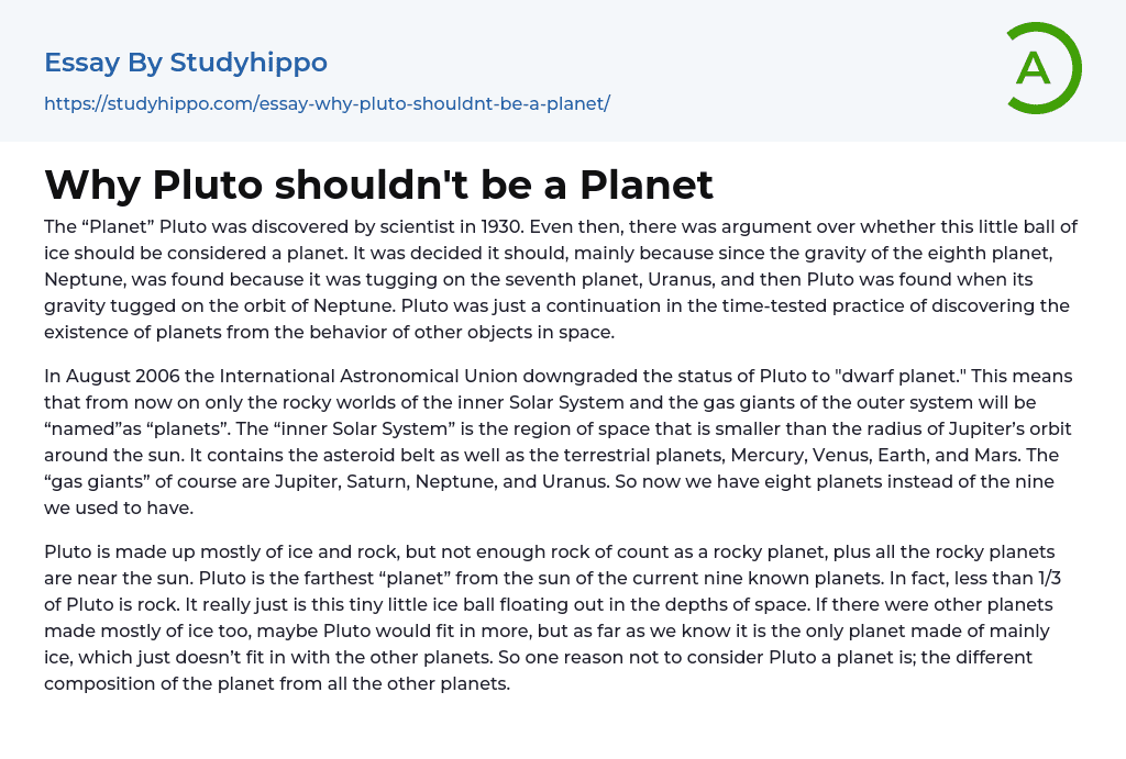 Why Pluto shouldn’t be a Planet Essay Example