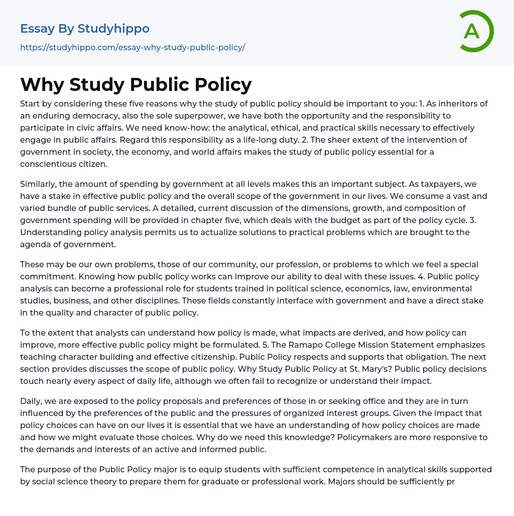 Why Study Public Policy Essay Example