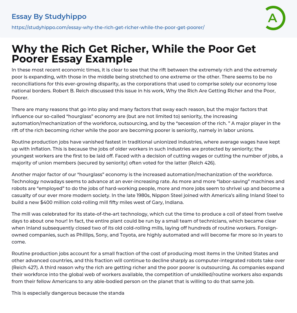 Why the Rich Get Richer, While the Poor Get Poorer Essay Example