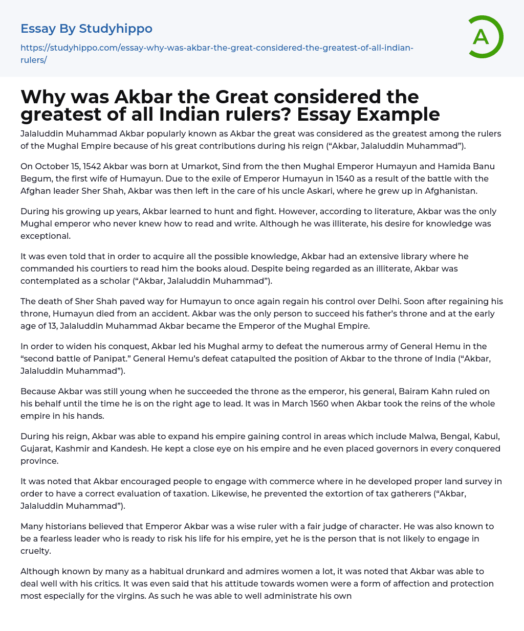 Why was Akbar the Great considered the greatest of all Indian rulers? Essay Example