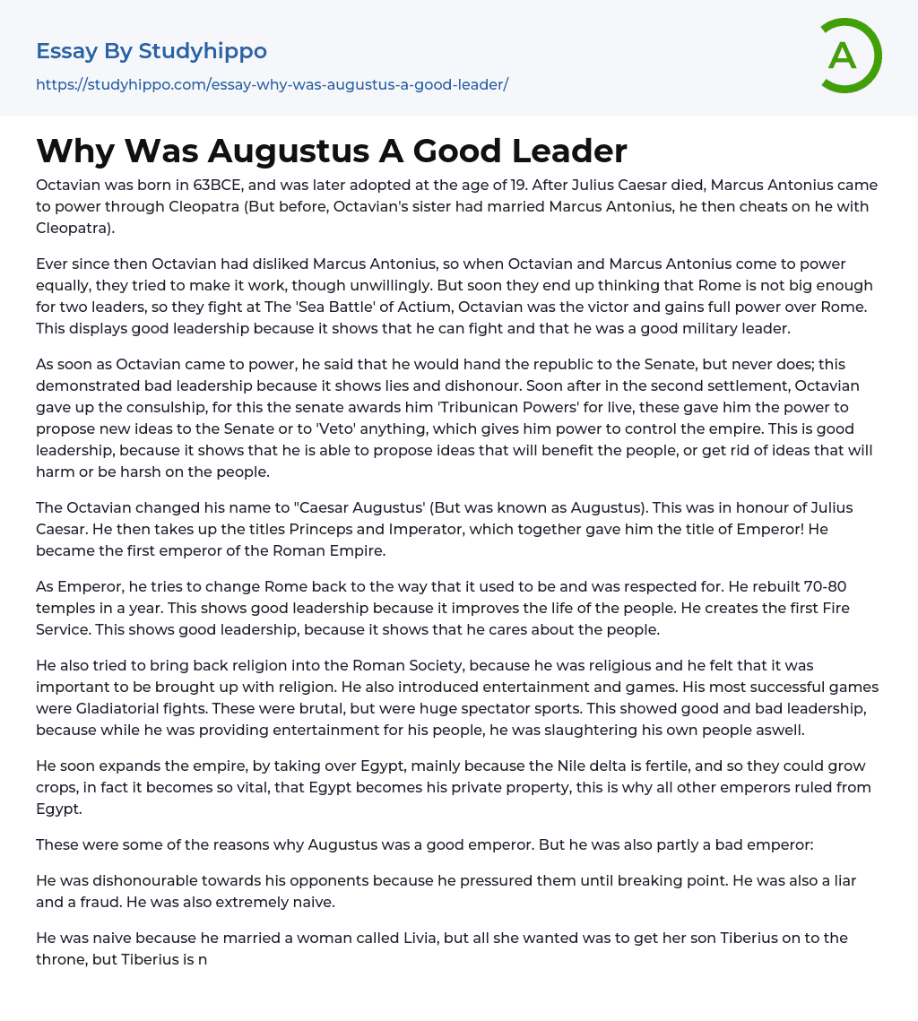 Why Was Augustus A Good Leader Essay Example