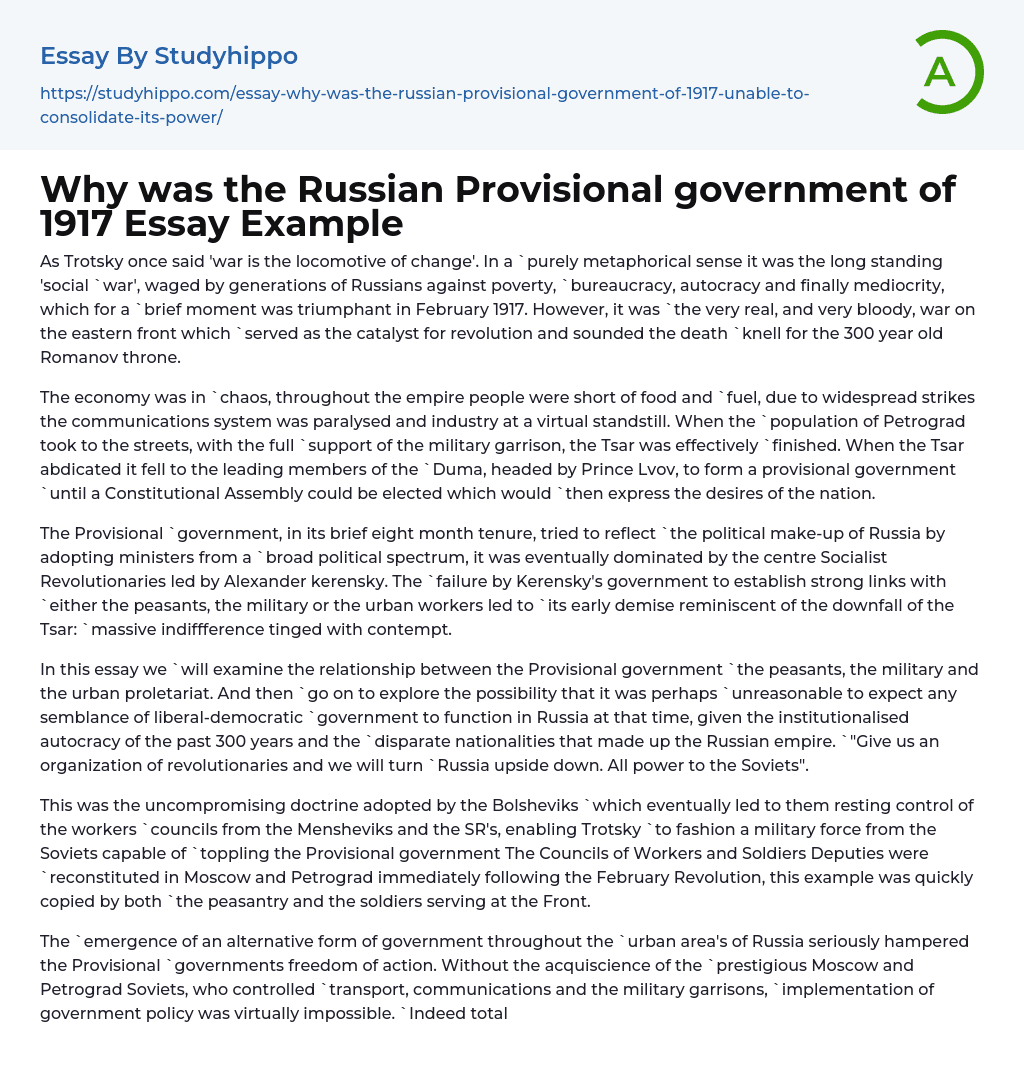 Why was the Russian Provisional government of 1917 Essay Example