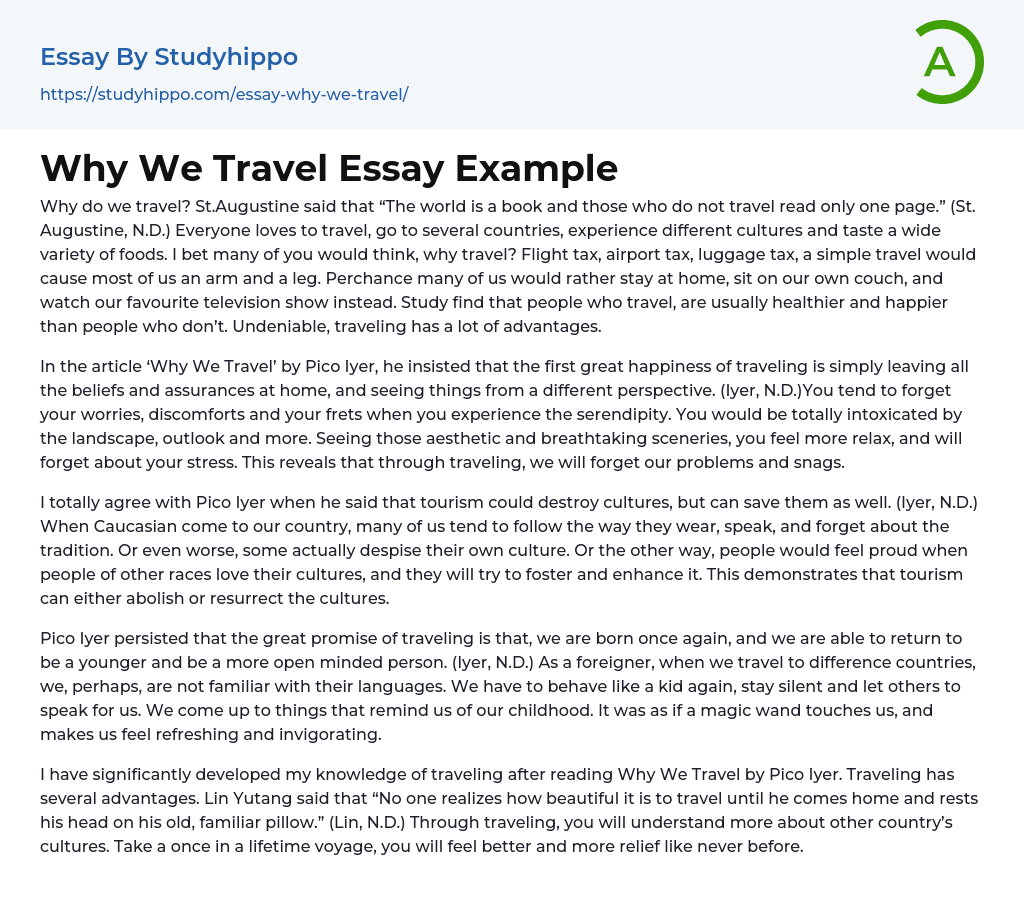 Why We Travel Essay Example