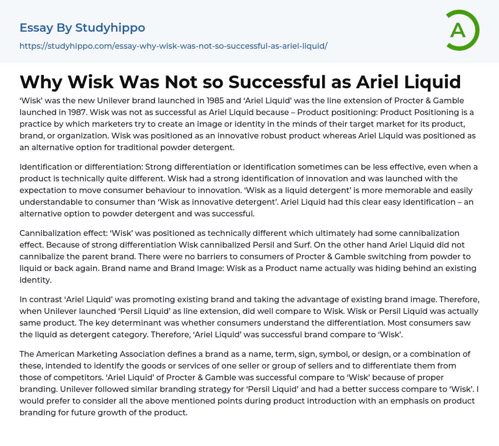 Why Wisk Was Not so Successful as Ariel Liquid Essay Example