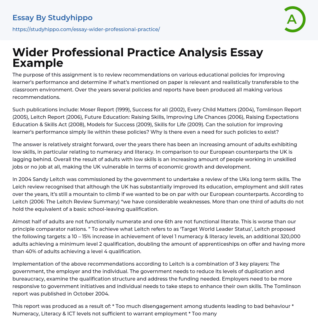 Wider Professional Practice Analysis Essay Example