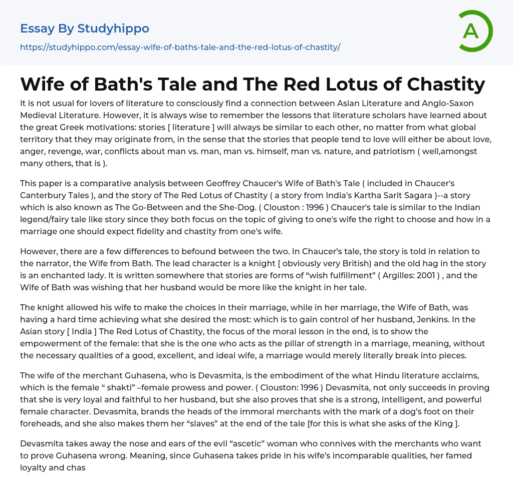 Wife of Bath’s Tale and The Red Lotus of Chastity Essay Example