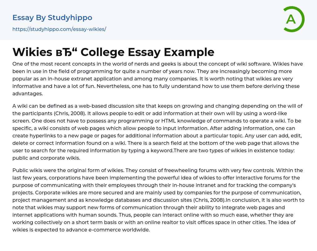 Wikies College Essay Example