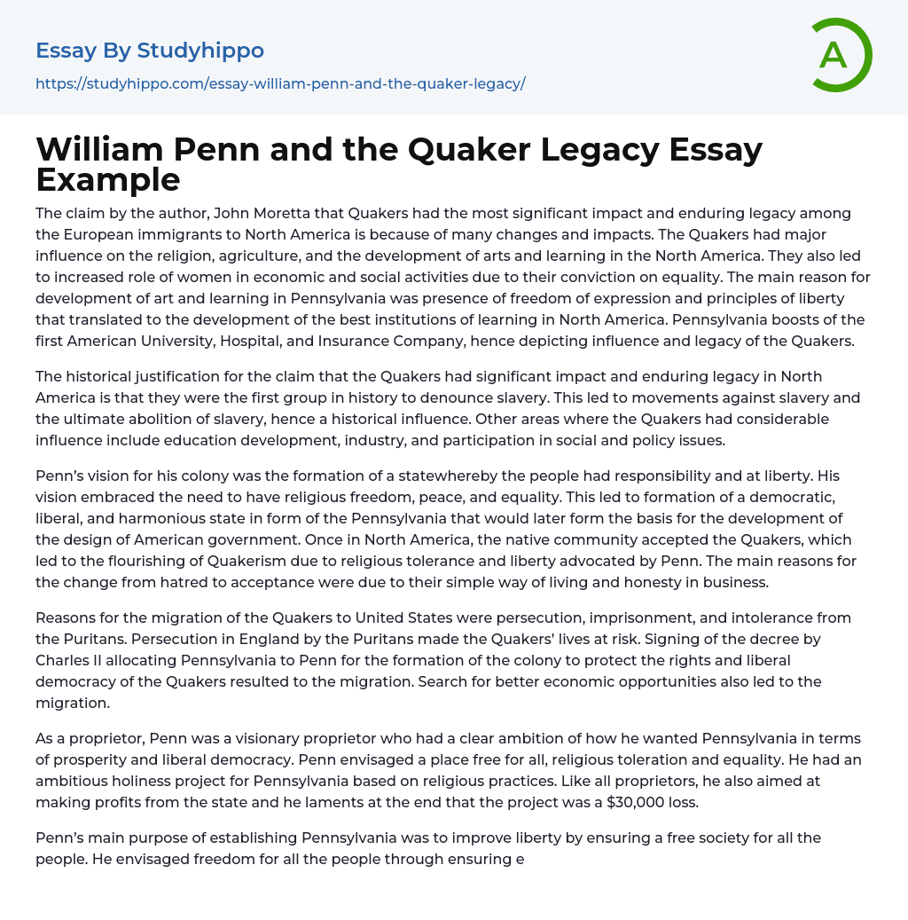 William Penn and the Quaker Legacy Essay Example