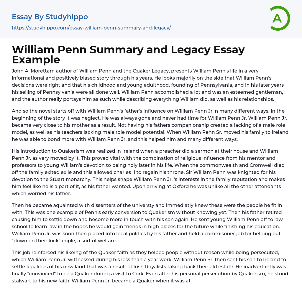 William Penn Summary and Legacy Essay Example