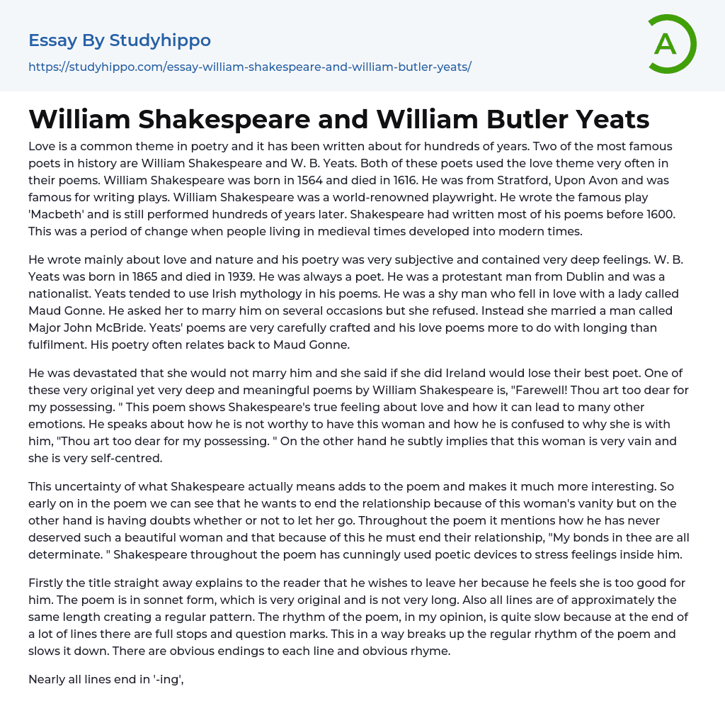 William Shakespeare and William Butler Yeats Essay Example