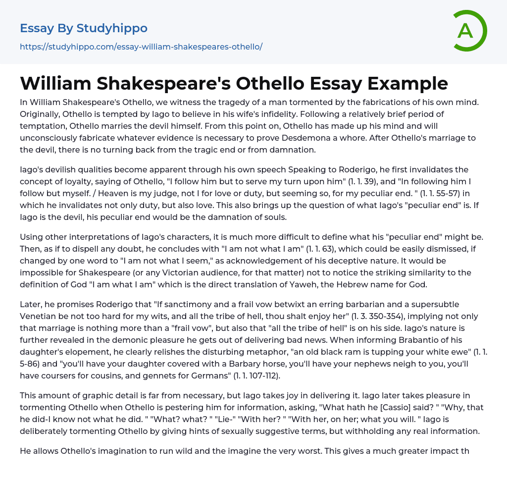 William Shakespeare’s Othello Essay Example