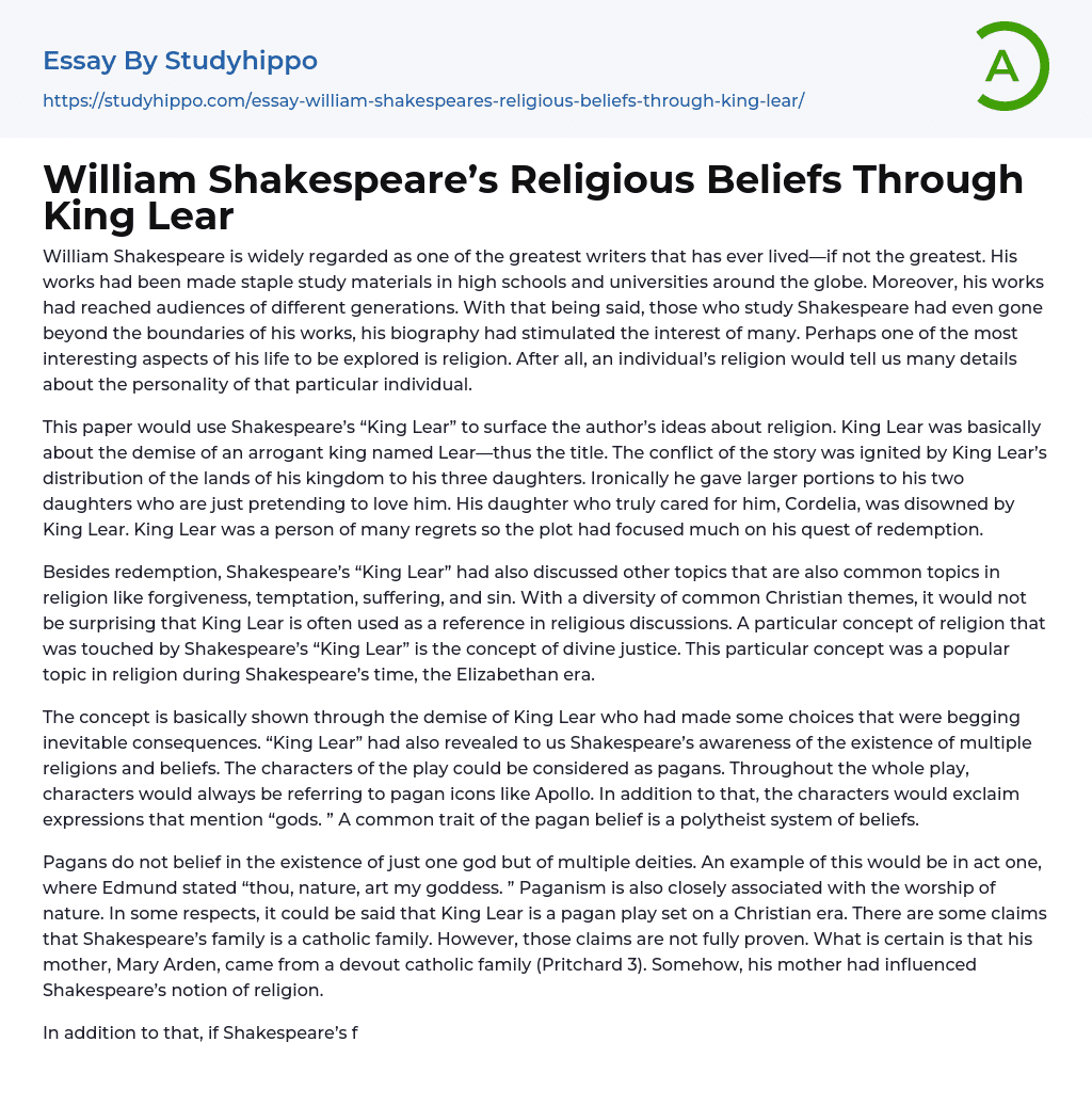 William Shakespeare’s Religious Beliefs Through King Lear Essay Example