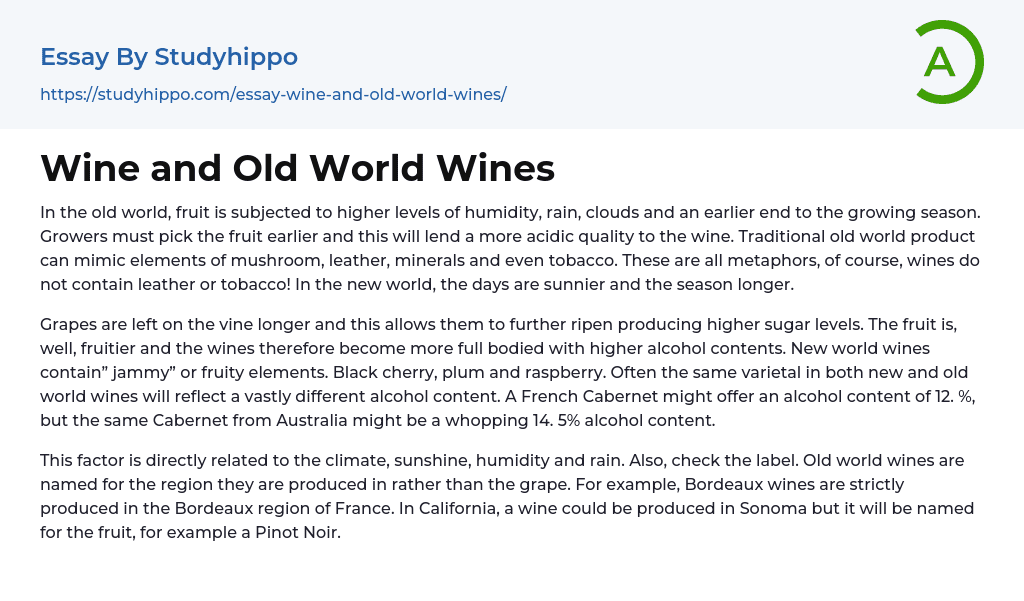 Wine and Old World Wines Essay Example