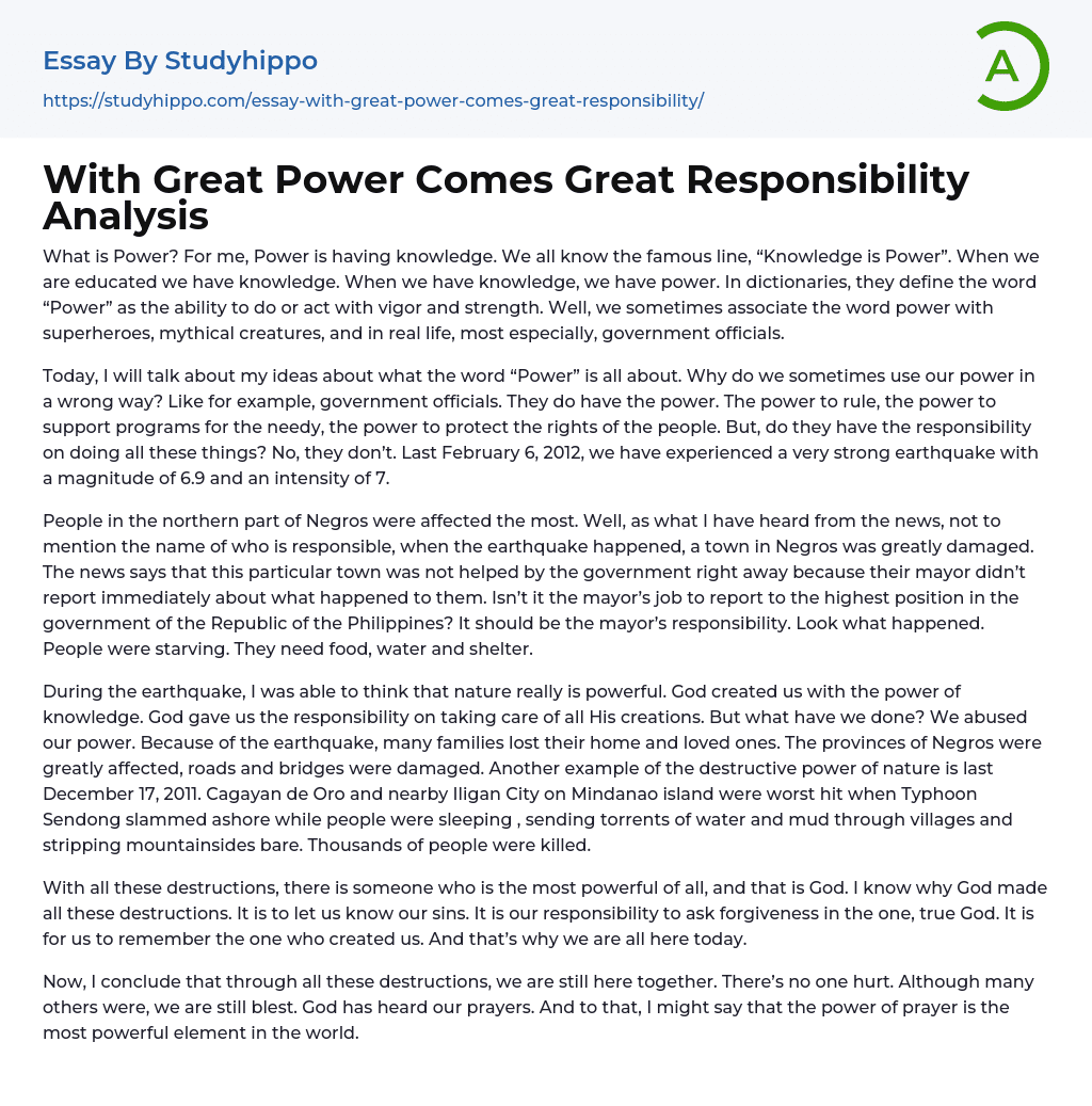 With Great Power Comes Great Responsibility Analysis Essay Example