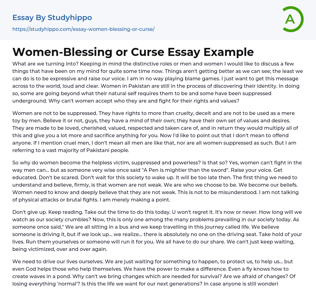 Women-Blessing or Curse Essay Example