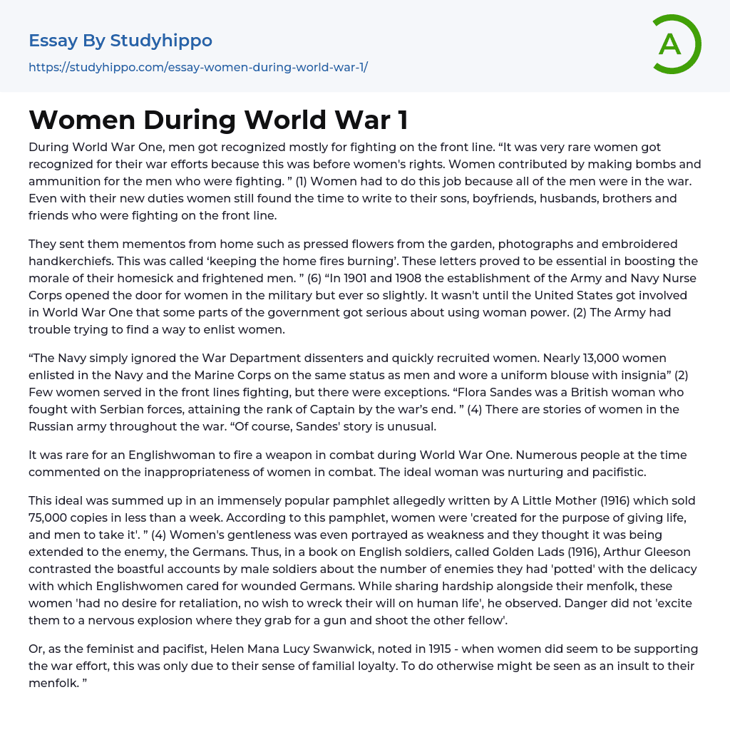 Women During World War 1 Essay Example