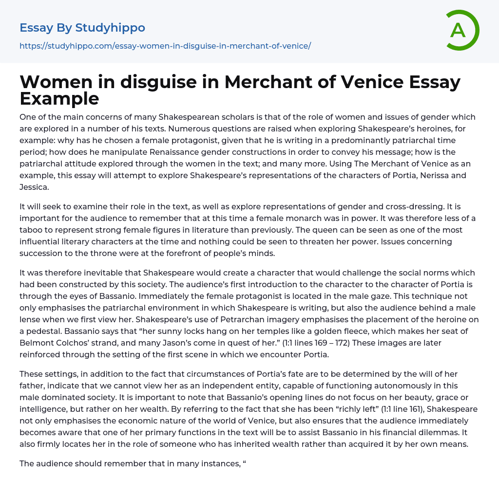 Women in disguise in Merchant of Venice Essay Example