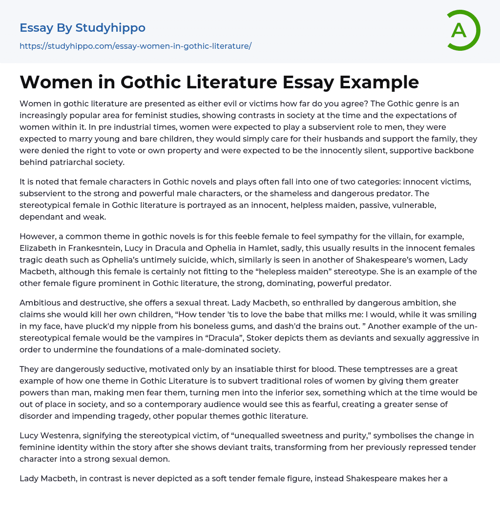 Women In Gothic Literature Essay Example StudyHippo