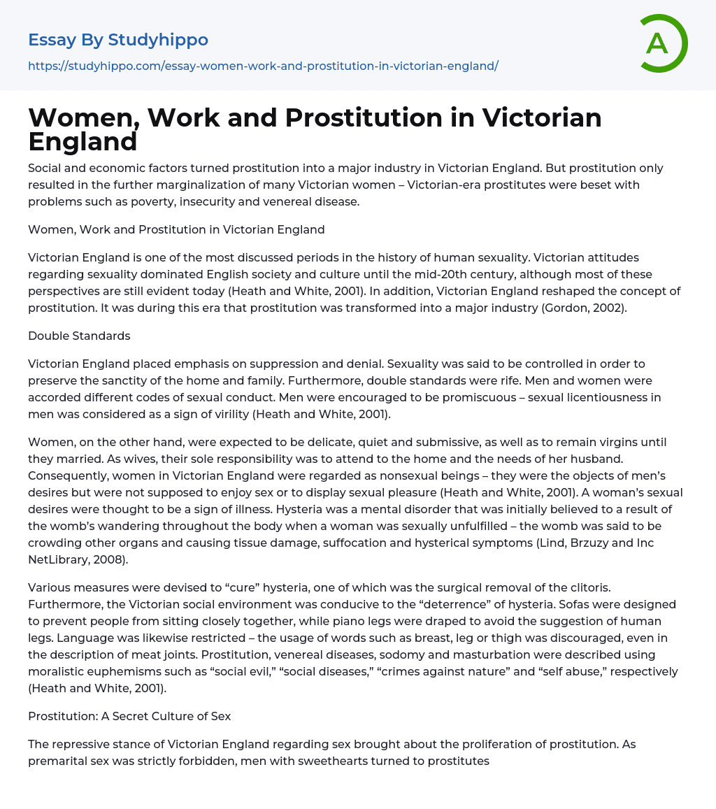 Women, Work and Prostitution in Victorian England Essay Example