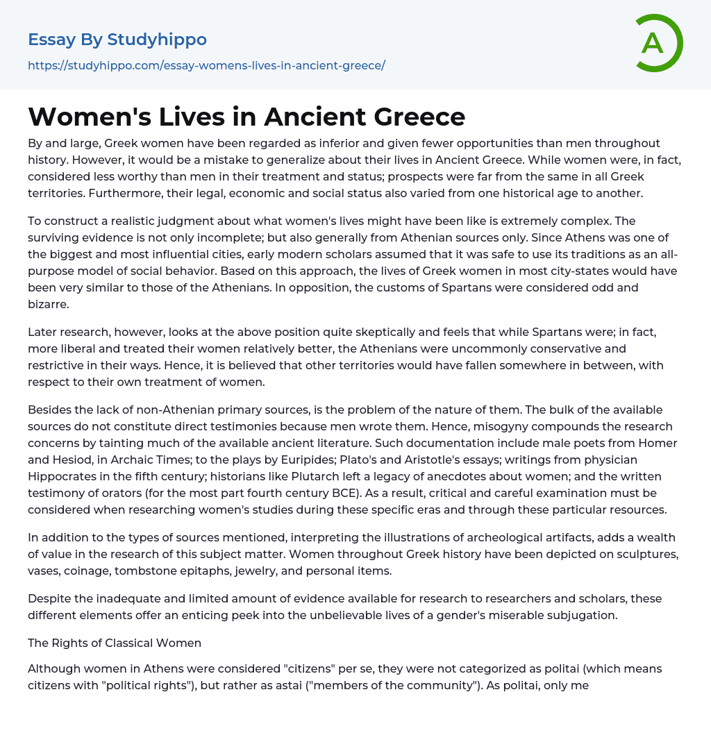 Women’s Lives in Ancient Greece Essay Example