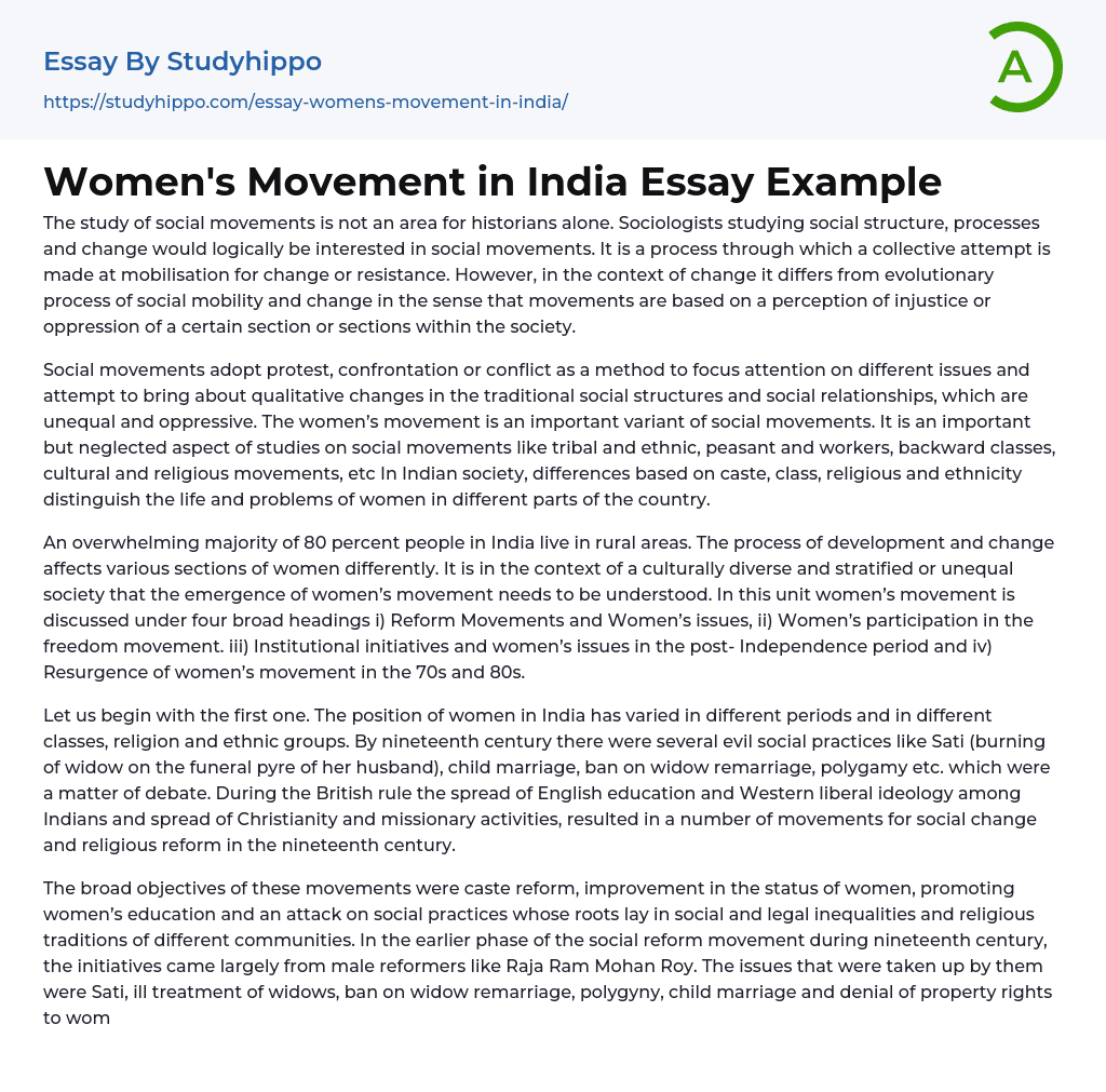 Women’s Movement in India Essay Example