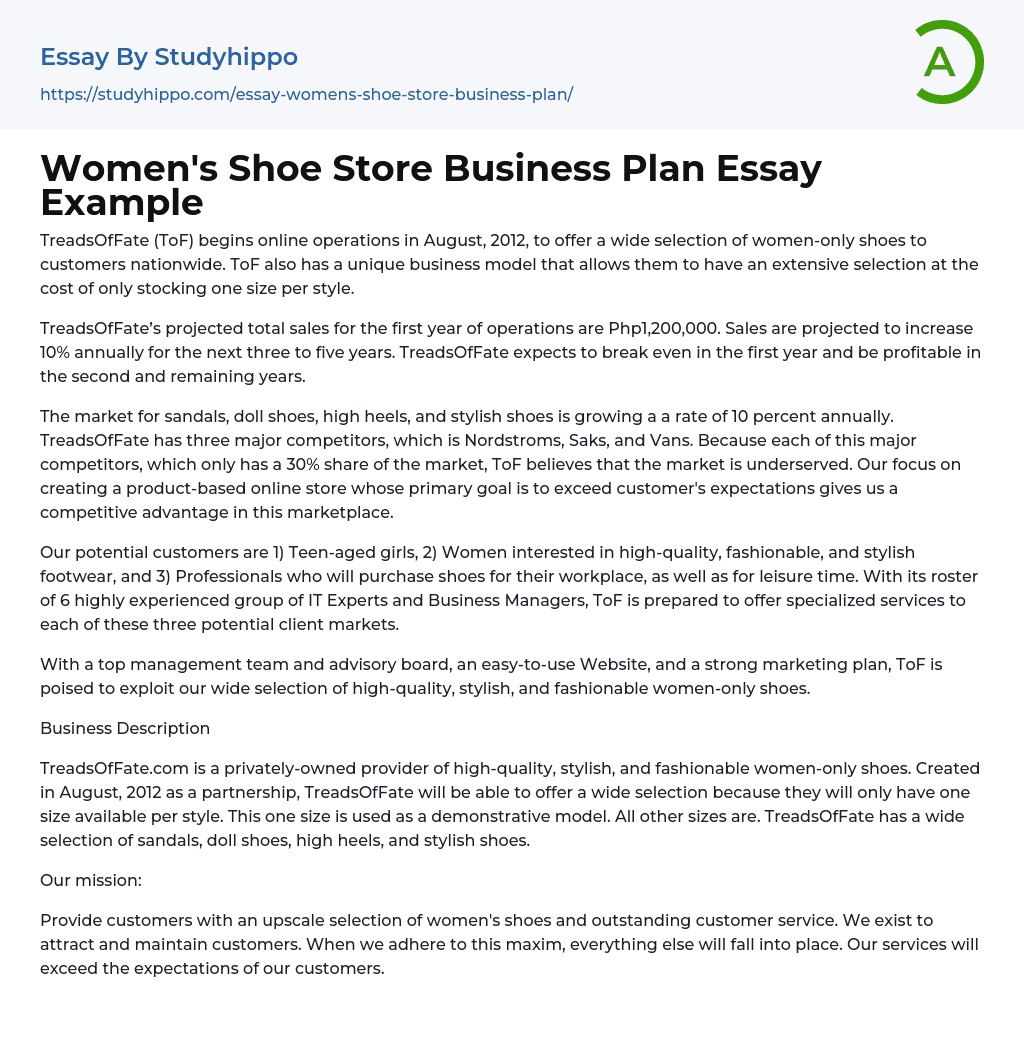 Women’s Shoe Store Business Plan Essay Example