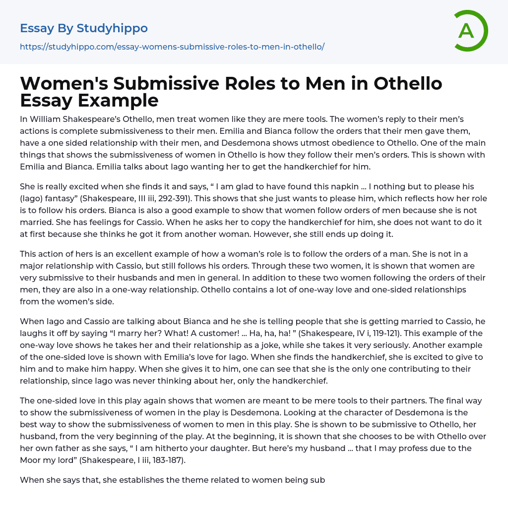 Women’s Submissive Roles to Men in Othello Essay Example