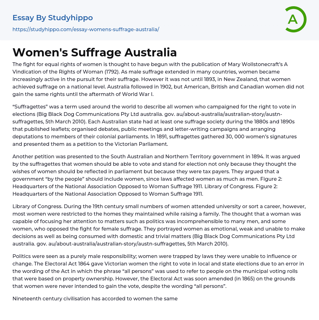 Women’s Suffrage Australia Essay Example