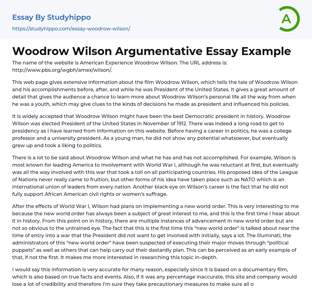 Woodrow Wilson Argumentative Essay Example