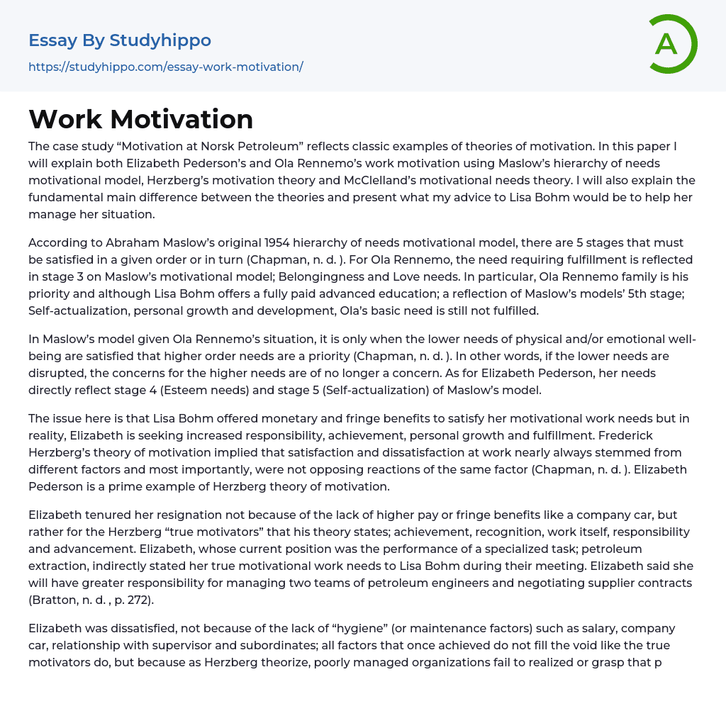 Work Motivation Essay Example