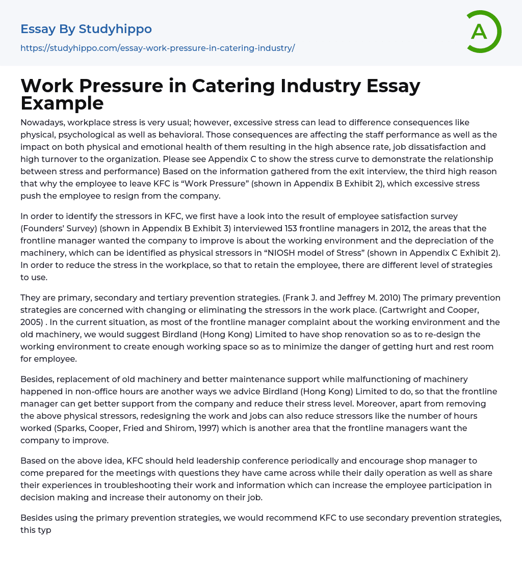 Work Pressure in Catering Industry Essay Example