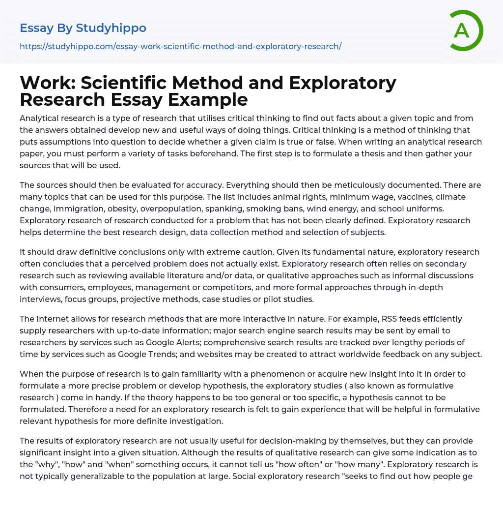 Work: Scientific Method and Exploratory Research Essay Example