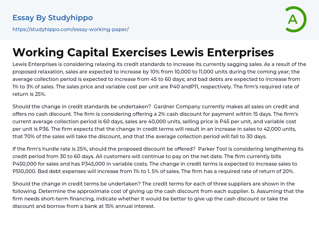 Working Capital Exercises Lewis Enterprises Essay Example