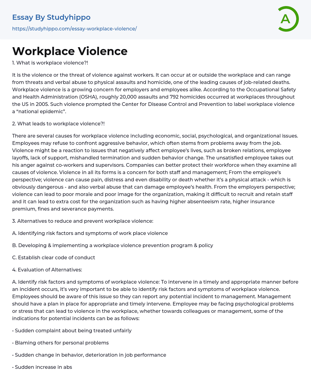 Workplace Violence Essay Example