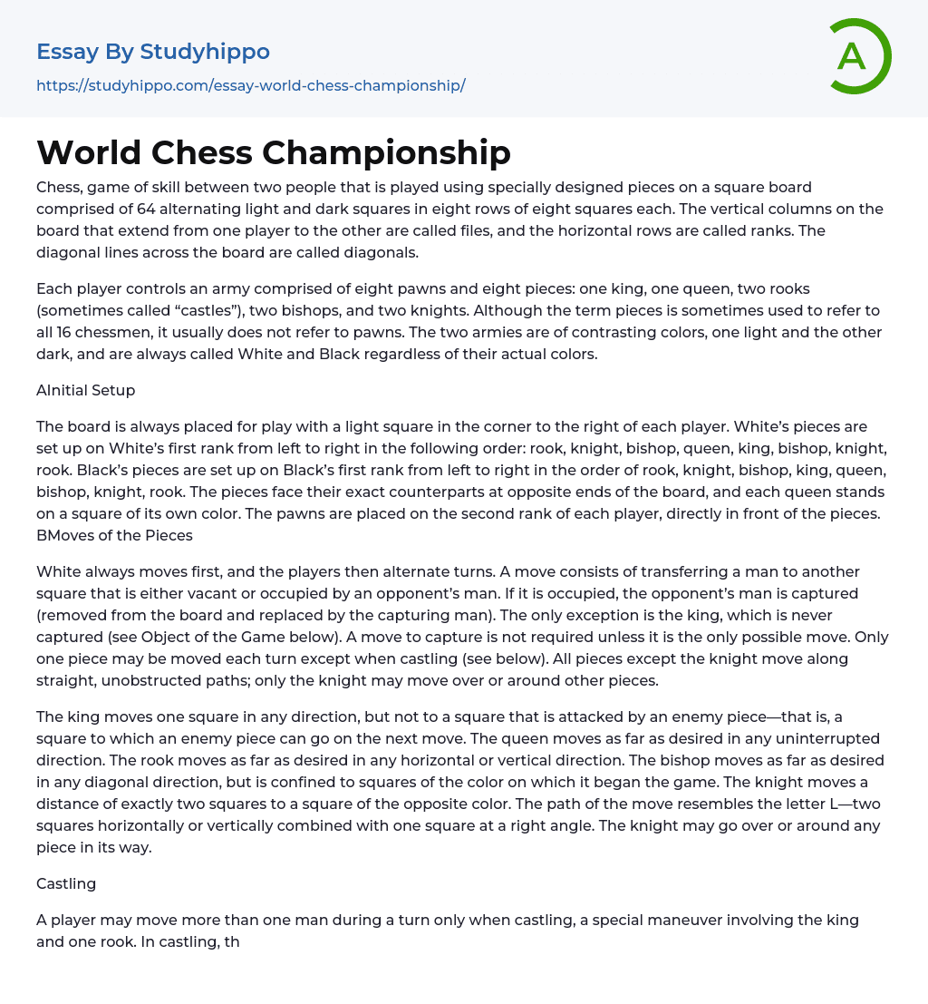 World Chess Championship Essay Example