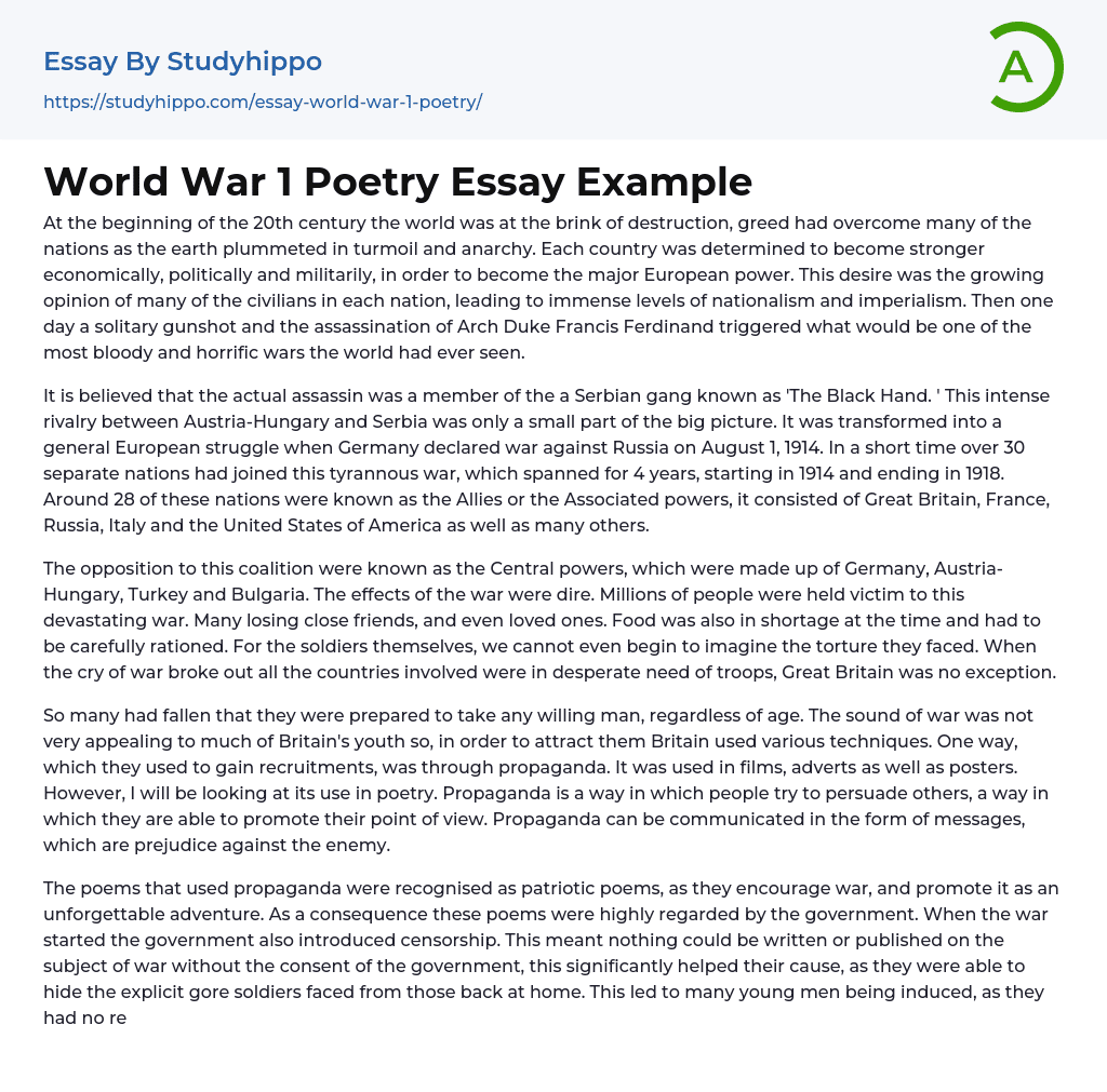 World War 1 Poetry Essay Example