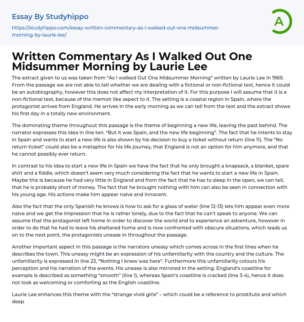 Written Commentary As I Walked Out One Midsummer Morning by Laurie Lee Essay Example