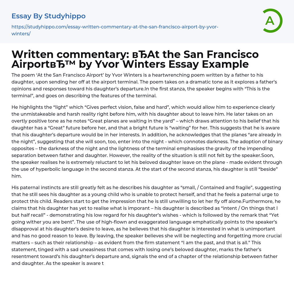 Written commentary: “At the San Francisco Airport by Yvor Winters Essay Example