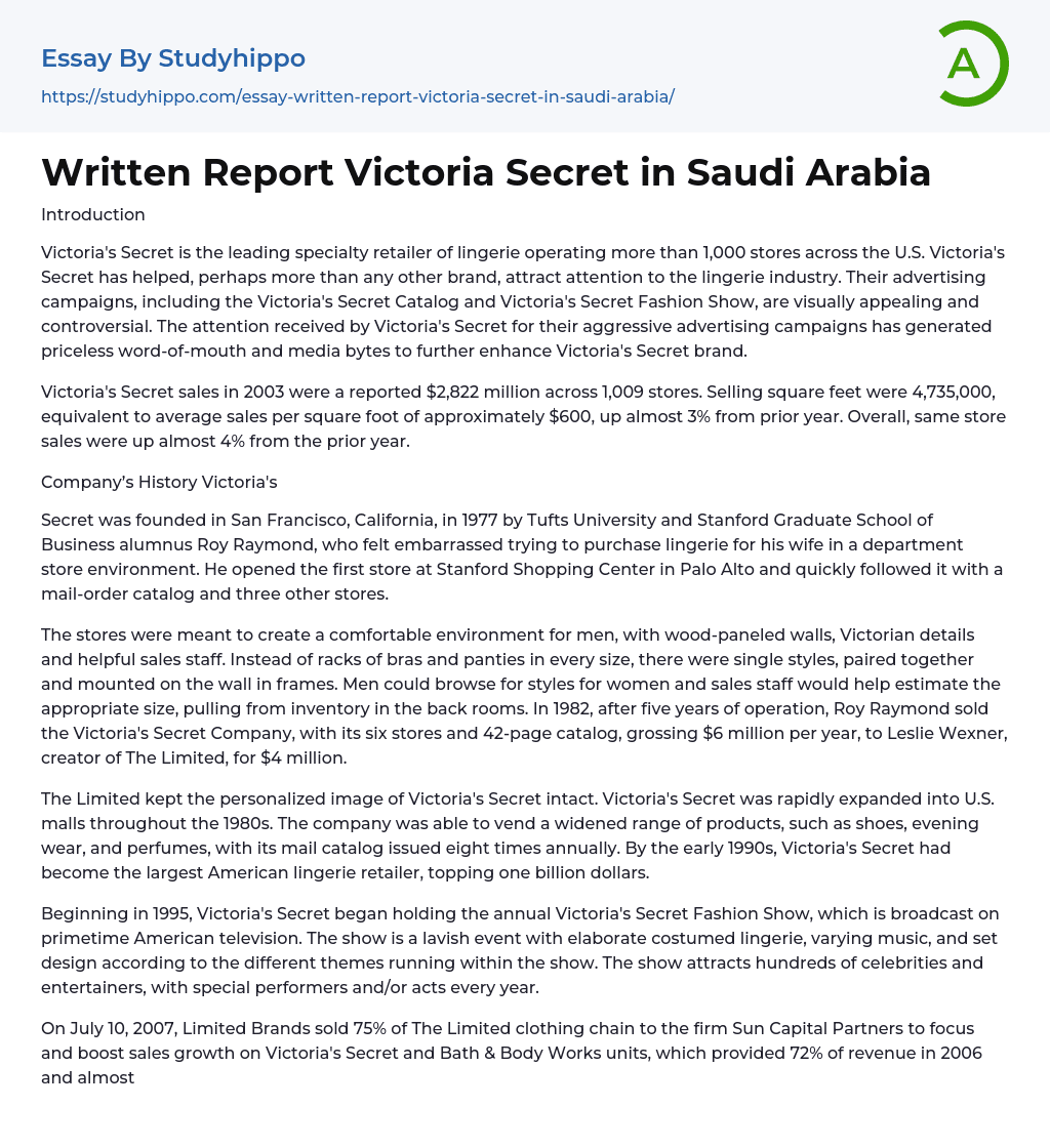 Written Report Victoria Secret in Saudi Arabia Essay Example