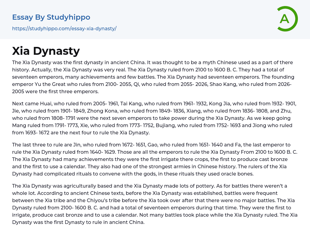 Xia Is the Oldest Dynasty and State in China Essay Example
