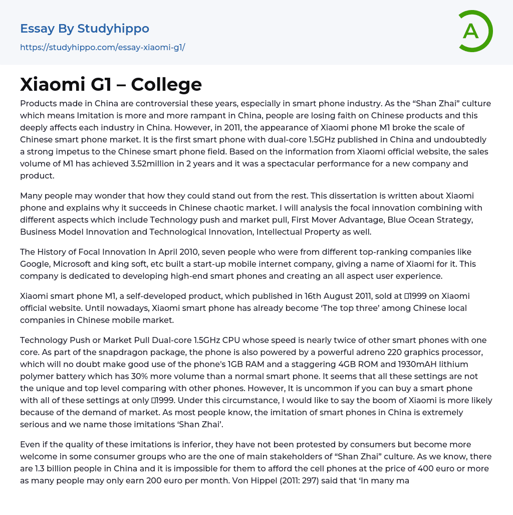 Xiaomi G1 – College Essay Example